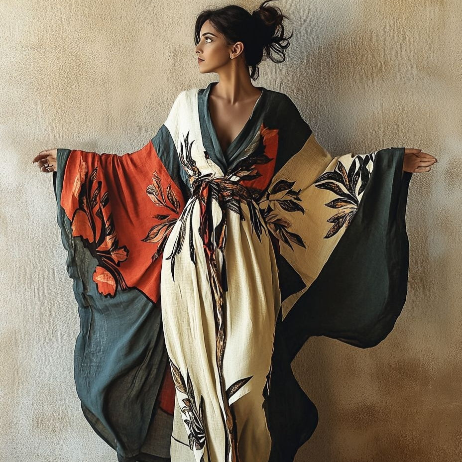 Botanical Print Long Kimono Beach Cover-Up