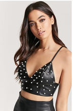 V-Neck Cropped Beaded Faux Leather Tank Top for Women