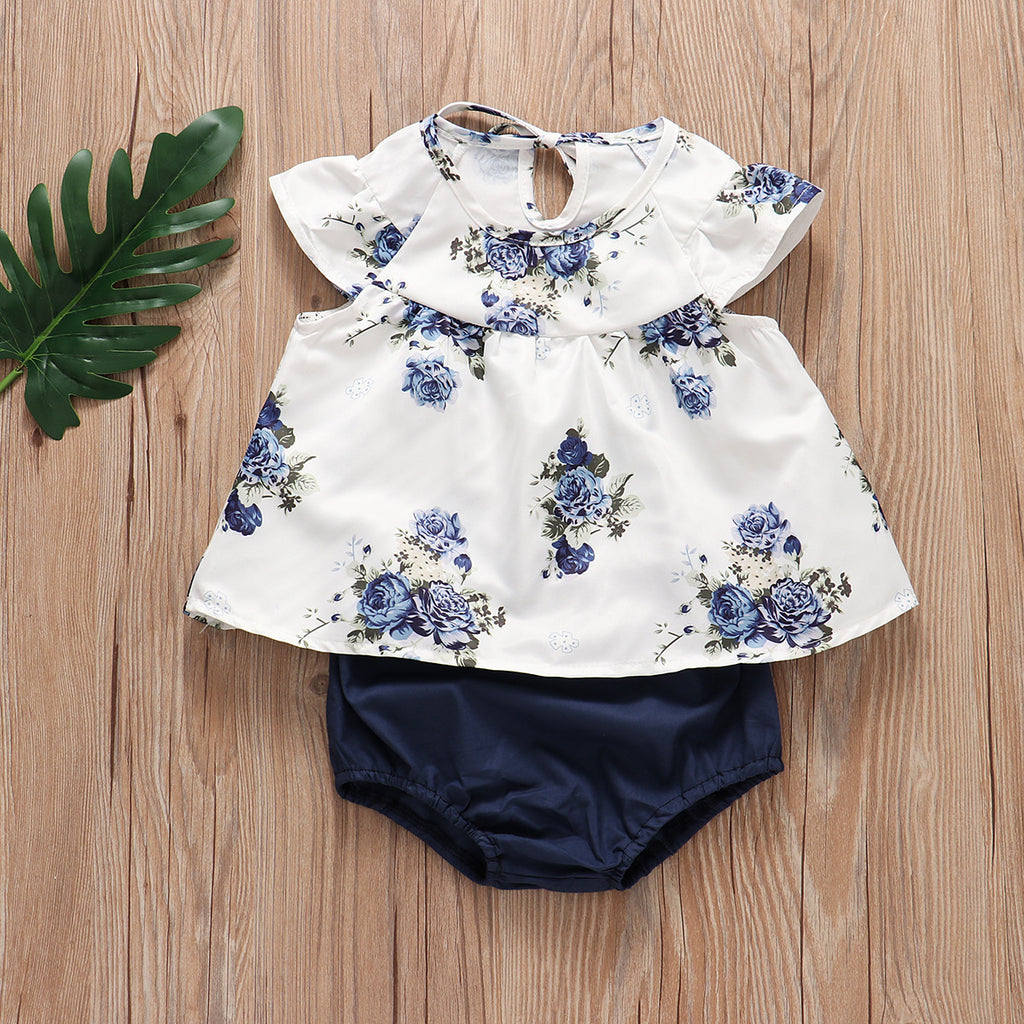2019 Girls' White Printed Top with Denim Shorts Set