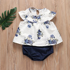 2019 Girls' White Printed Top with Denim Shorts Set