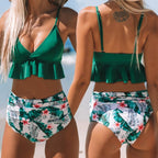 Ruffle Top High-Waist Bikini Set with Floral Print