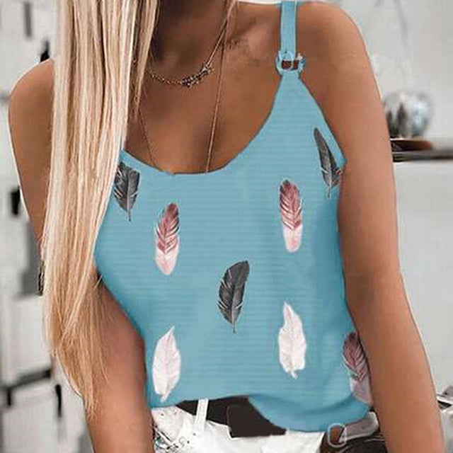 Women's Summer Feather Print Spaghetti Strap Tank Top