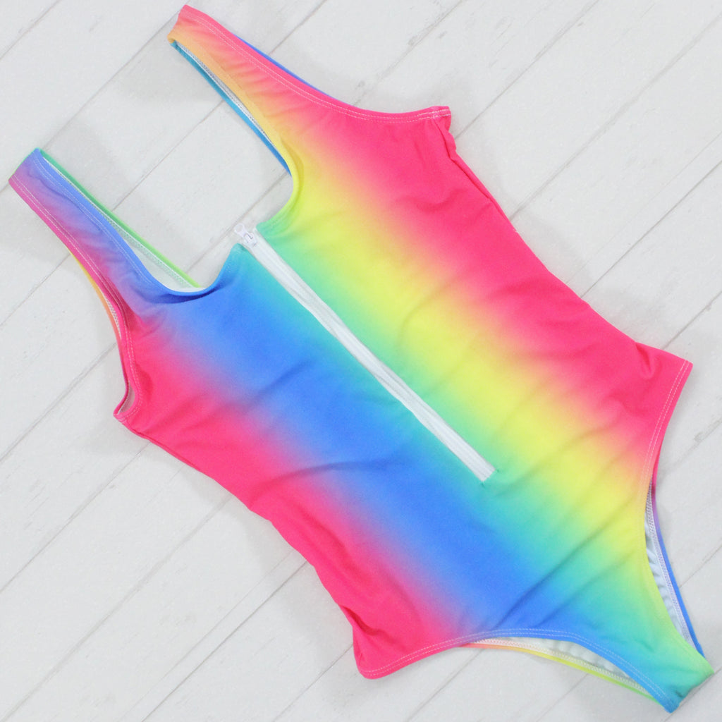 Rainbow Ombre Zip-Front One-Piece Swimsuit