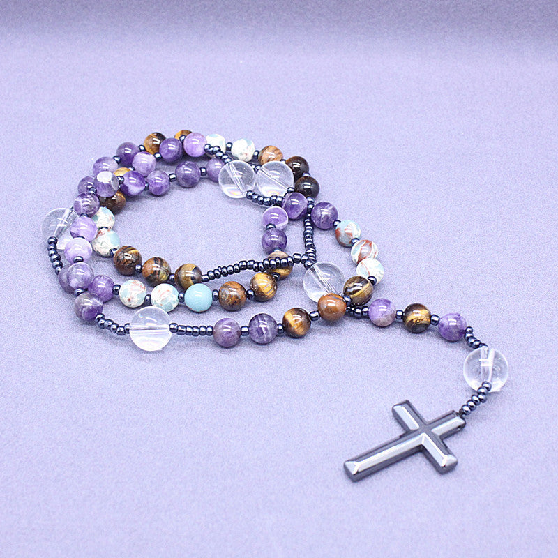 Rosary Necklace with Amethyst and Tiger Eye Stones | Christian Jewelry