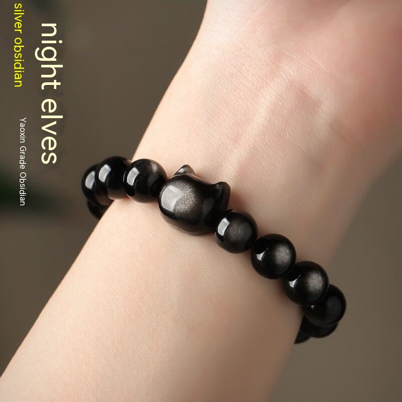 Obsidian Bracelet with Gold and Silver Cat Head