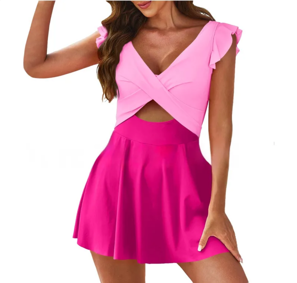 Cross-Front Ruffle Swim Dress