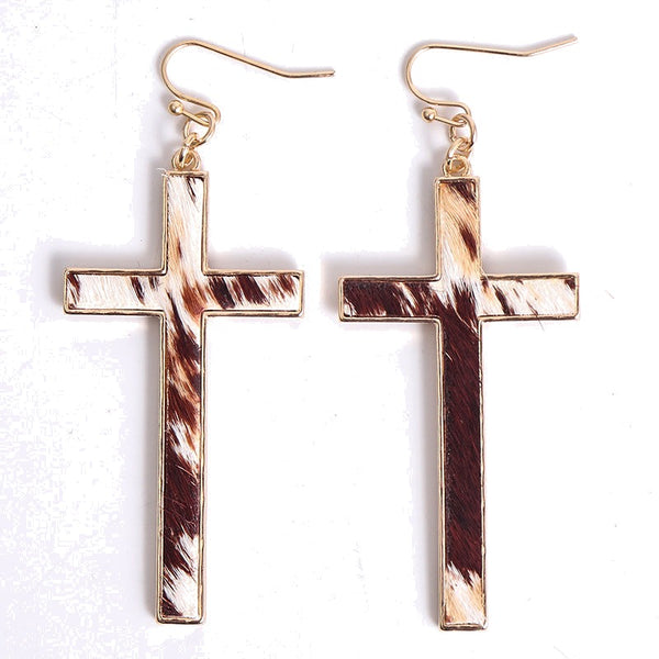 Fashionable Leopard Print Cross Earrings with Leather | Christian Jewelry