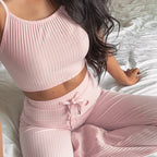 2020 Summer Women's Ribbed Crop Top and Flare Pants Set