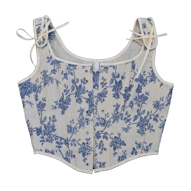 Retro French Herringbone Bustier Crop Top for Women