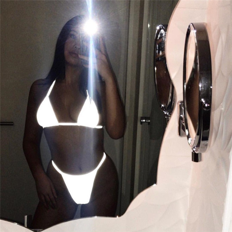Reflective Women's Lace-Up Sexy Thong Set
