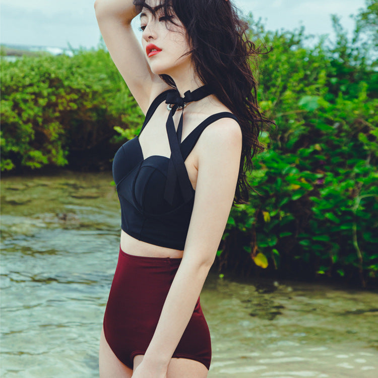 Retro Black Bustier High-Waist Bikini Set