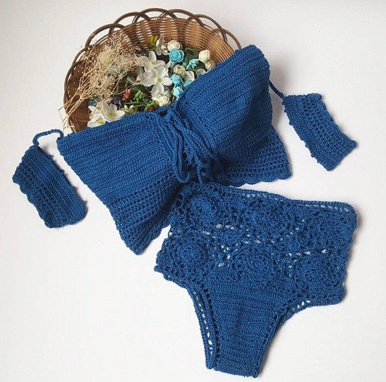 Blue Crochet Bandeau High-Waist Bikini Set