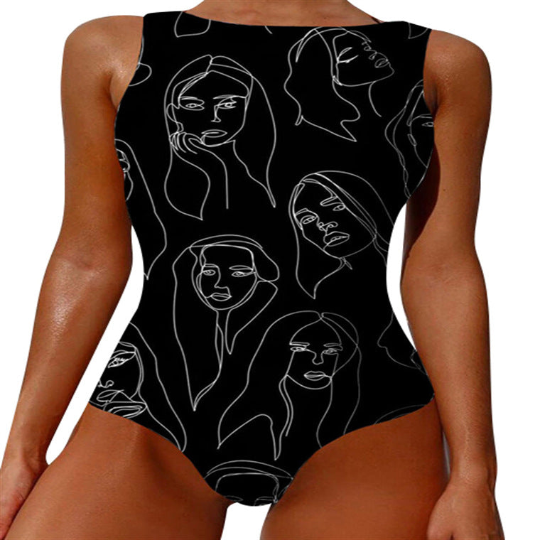 Plunge V Floral Vine Print One-Piece Swimsuit