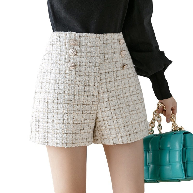 Chic High-Waisted Plaid Double-Breasted Shorts for Women
