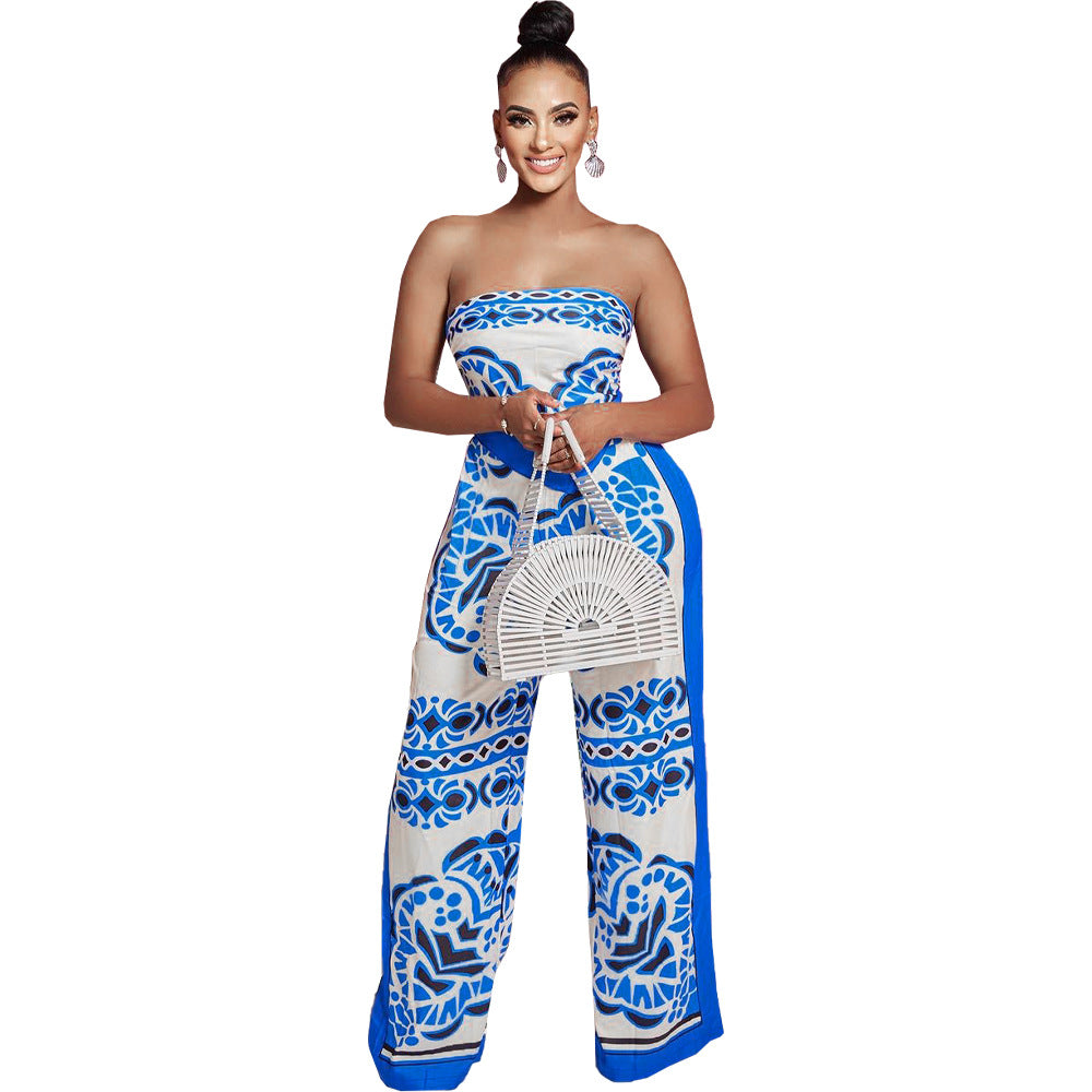 DN8718 Women's Fashion Print Tube Top & Pants Set