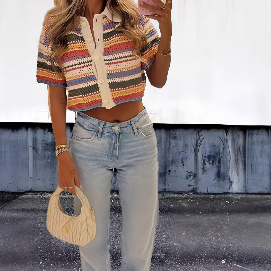 Colorful Striped Knitted Women's Suit - Top, Shorts, and Sets