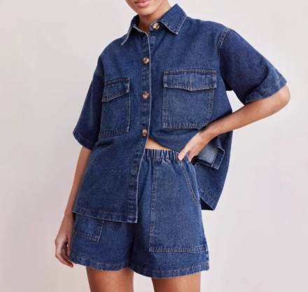 Women's Casual Denim Shirt & Shorts Set
