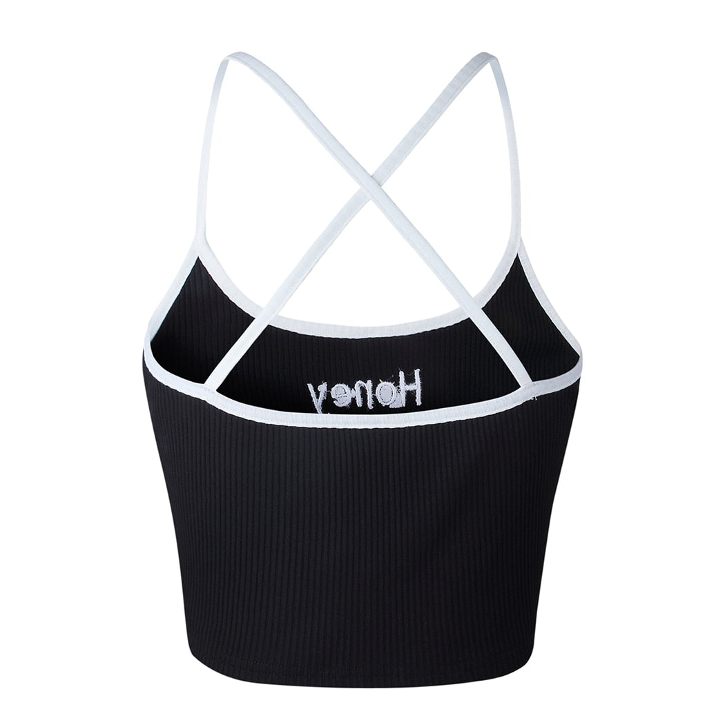 Letter Embroidered Crop Top with Spaghetti Straps