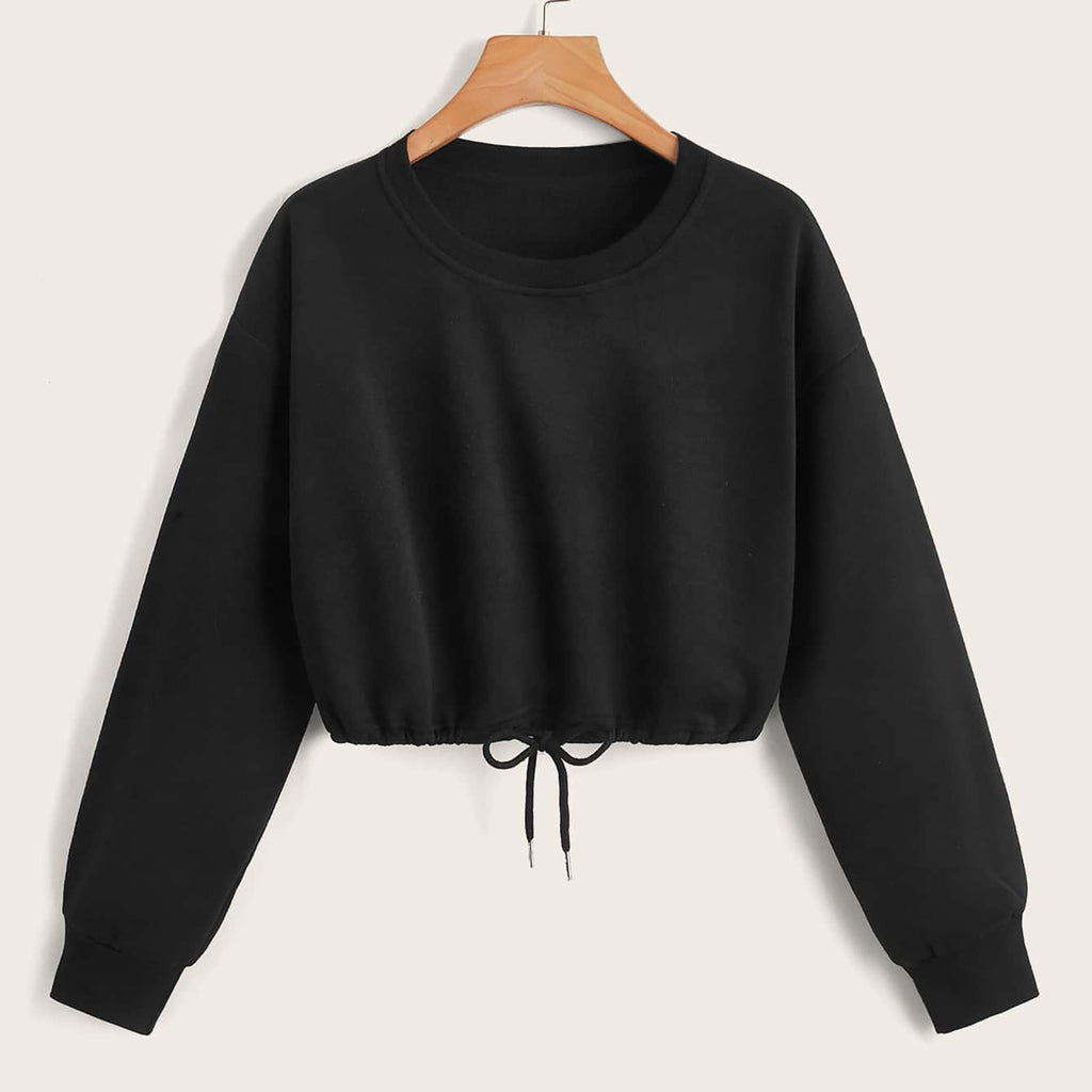 Trendy Women's Long Sleeve Crop Top with Drawstring Hem