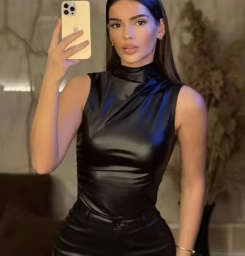 PU Leather Asymmetrical Ruched Tank Top for Women