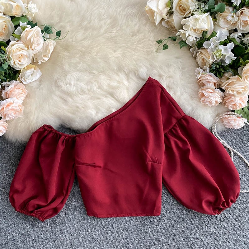 Off-Shoulder Puff Sleeve Crop Top with Oblique Collar
