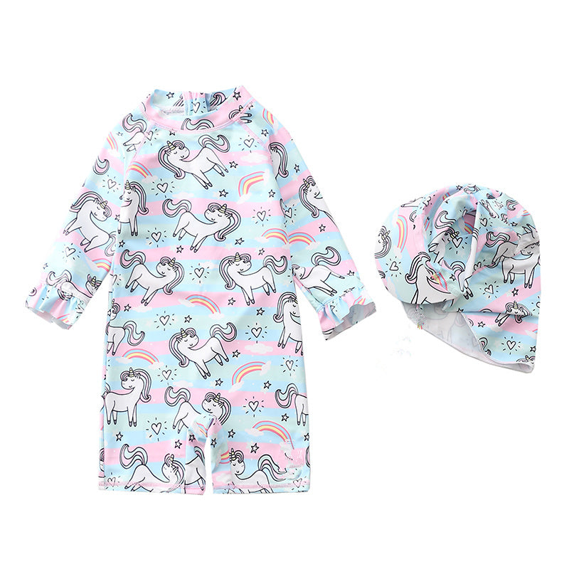 Girls Unicorn Rainbow Long-Sleeve Rash Guard Swimsuit with Cap