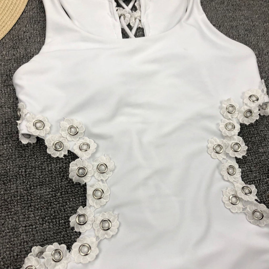 White Floral Cutout One-Piece Swimsuit