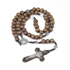 Natural Wood Bead Cross Rosary Necklace Handmade Jewelry