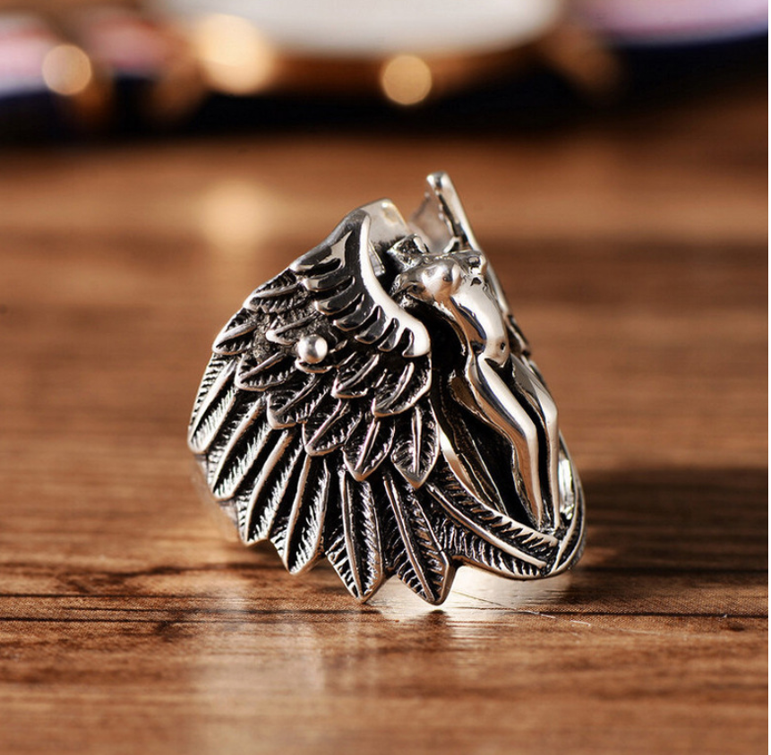 Vintage Silver Guardian Angel Ring with Cross & Wings