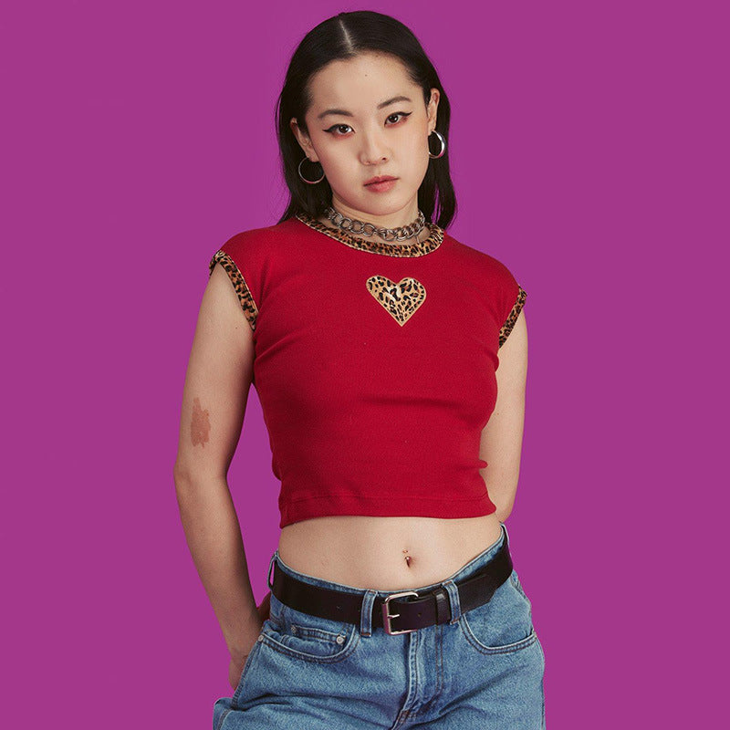 Leopard Print Heart Crop Top Sleeveless T-Shirt
