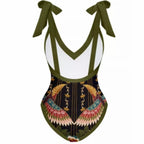 Women's Boho Bird Floral One-Piece Swimsuit with Cover-Up Skirt