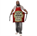 Model wearing Ketchup with Jesus apron